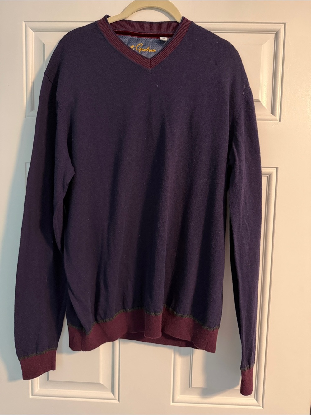 Robert Graham Men's Deep Purple V-Neck Sweater with Burgundy Trim